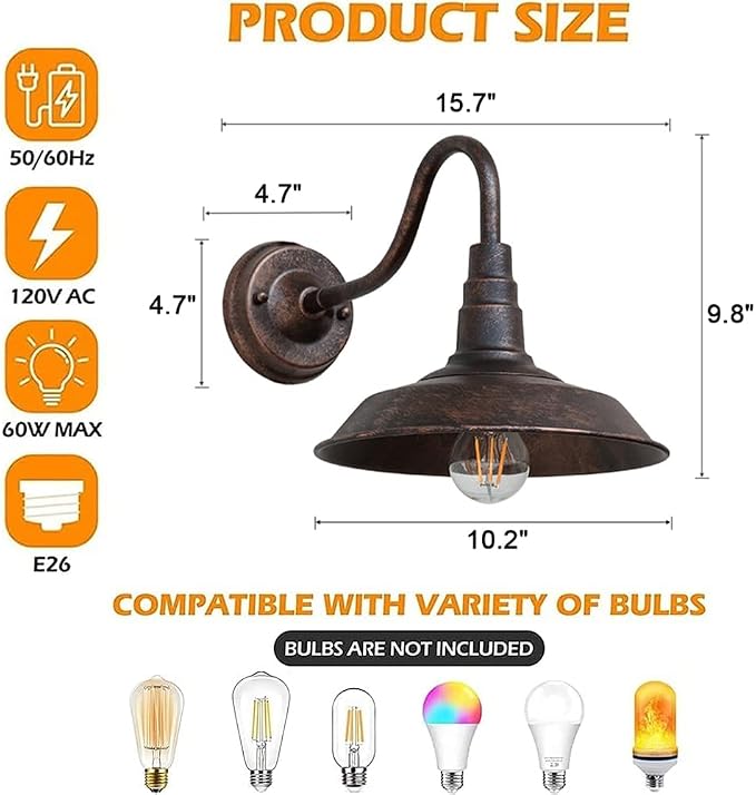 Outdoor Wall Light, 9.8" Iron Art Gooseneck Wall Lanterns, E26 Retro Barn Lights - Image 5