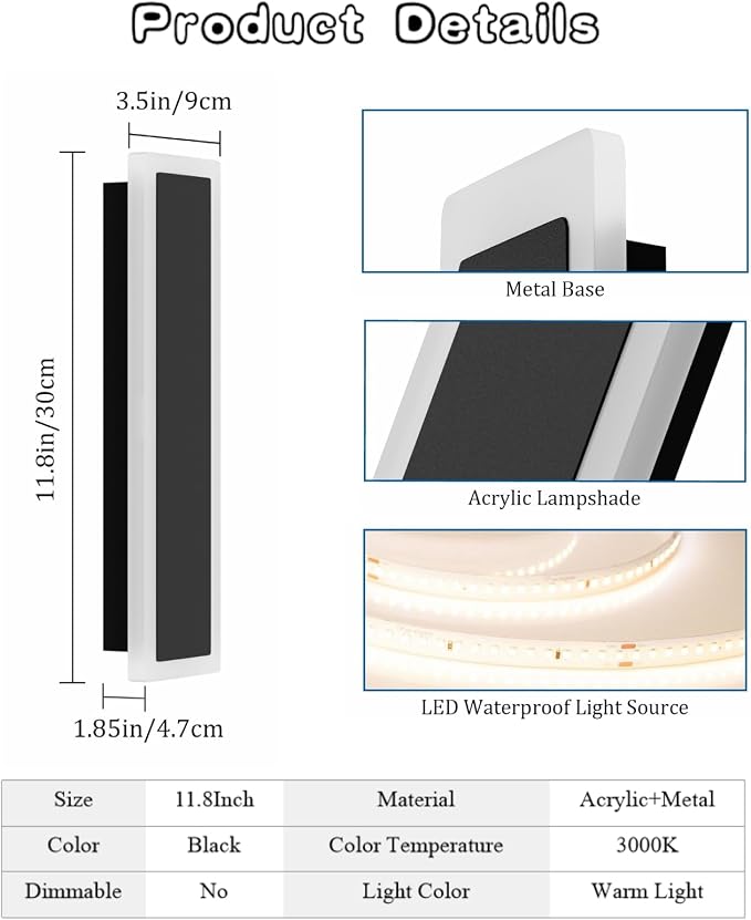2 Pack 11.8in Modern Outdoor Wall Light Black Exterior Wall Sconces IP65 - Image 4
