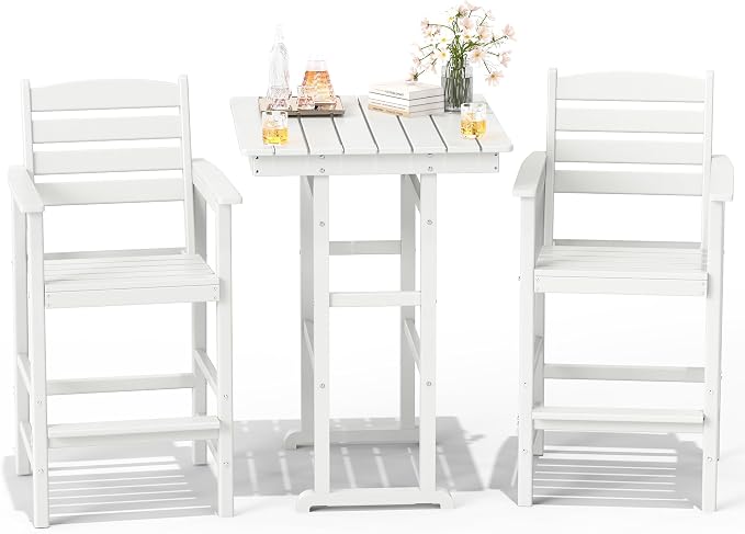 FOOWIN 3 Piece Outdoor Bar Height Table and Chairs, All Weather HDPE Patio Bar by FOOWINOUTDOORSHOW