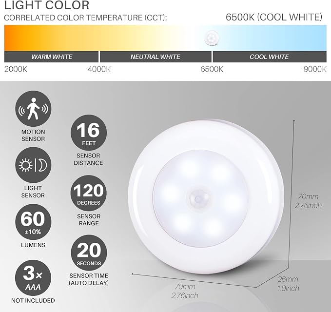 STAR-SPANGLED 6 Pack 2.8” Motion Sensor Lights Indoor AAA Battery Operated - Image 4