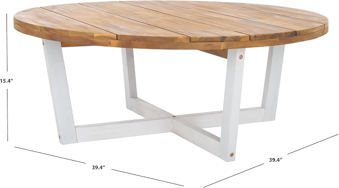 SAFAVIEH Outdoor Collection Leo Natural/White Solid Wood Round Coffee Table - Image 3