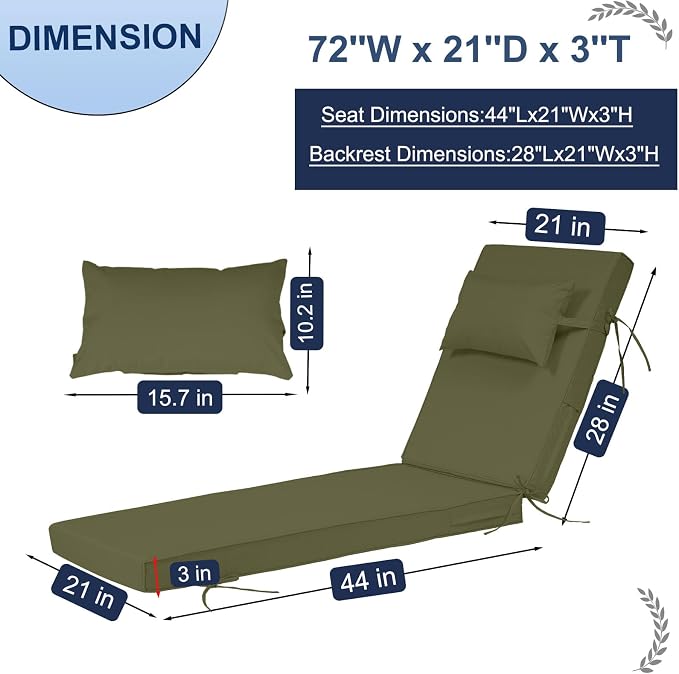 Outdoor Chaise Lounge Cushions Set of 2, Waterproof Fade Resistant Patio - Image 2