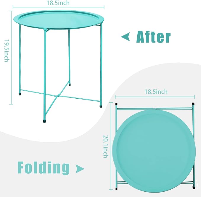Garden 4 you End Table Metal Side Table Green Round Folding Tray Cyan Sofa - Image 3
