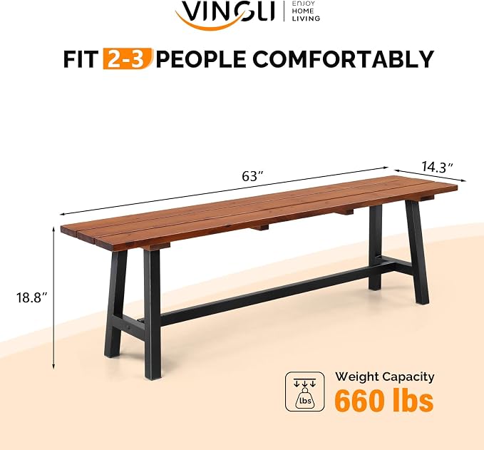VINGLI Outdoor Wooden Bench, 45” 2-Person Backless Dining Bench, Weatherproof - Image 3