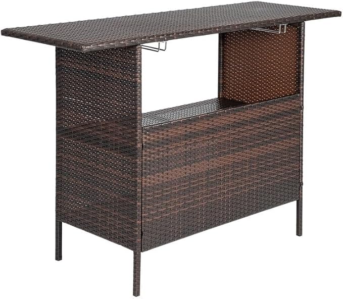 Patio Wicker Bar Table with Cup Holder Brown Modern Contemporary Rectangular - Image 3