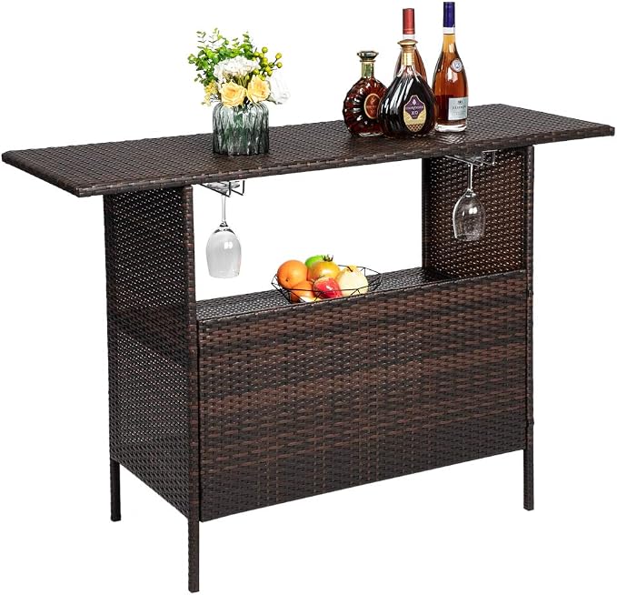 Outdoor Patio Wicker Bar Counter Table Backyard Furniture w/ 2 Steel Shelves - Image 3