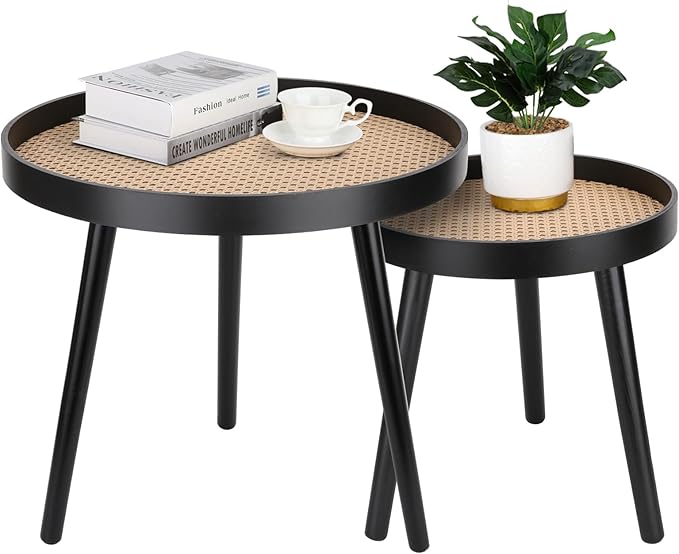 Rattan Round Side Table, Accent Table, Modern Boho Bedside Table, Mid-Century by ZYBTtoCreateHappyMemories