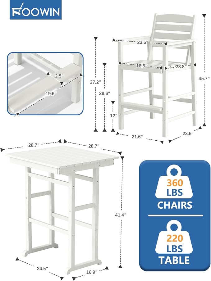 FOOWIN 3 Piece Outdoor Bar Height Table and Chairs, All Weather HDPE Patio Bar - Image 2