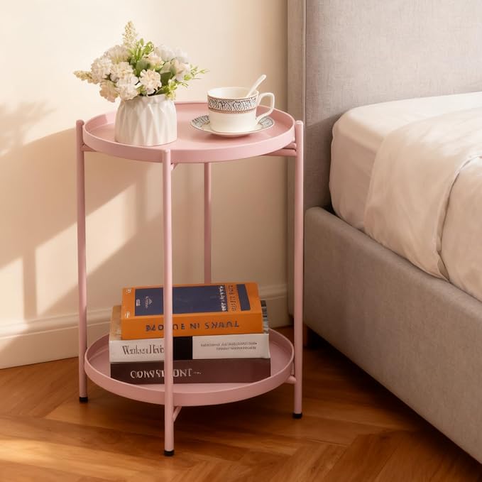 HollyHOME 2-Tier Round Side Table, Outdoor Small Folding Accent Stand - Image 2