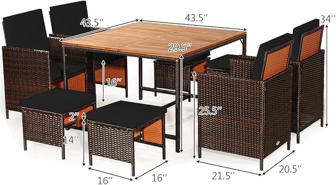 Tangkula 9 Pieces Acacia Wood Patio Dining Set, Space Saving Wicker Chairs and - Image 6