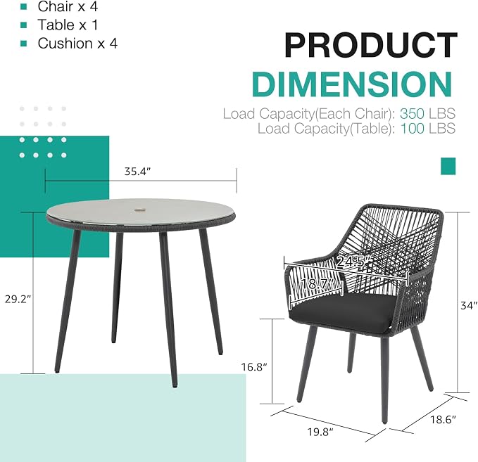 Patiorama 5-PC Patio Dining Set, Outdoor Dining Table Chair Set, All-Weather - Image 2