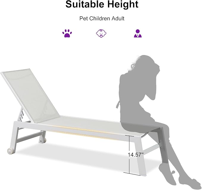 PURPLE LEAF Patio Lounge Chair 2 Pieces White Aluminum Outdoor Chaise Lounge - Image 8