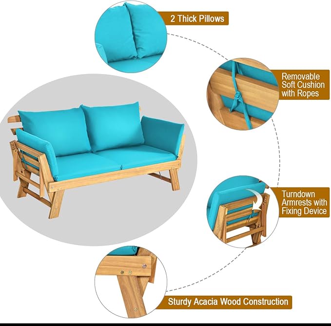 Tangkula Convertible Acacia Wood Patio Couch Sofa Bed - Image 7