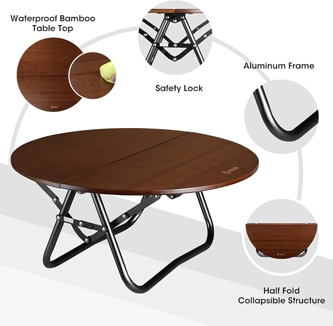 VILLEY Bamboo Round Folding Table, Camping Half-fold Portable Table - Image 6