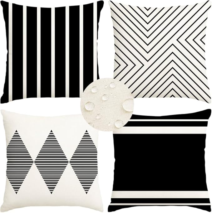 RABUSOFA Outdoor Pillows Waterproof, 18x18 inch Black and White Throw Pillows by RABUSOFA