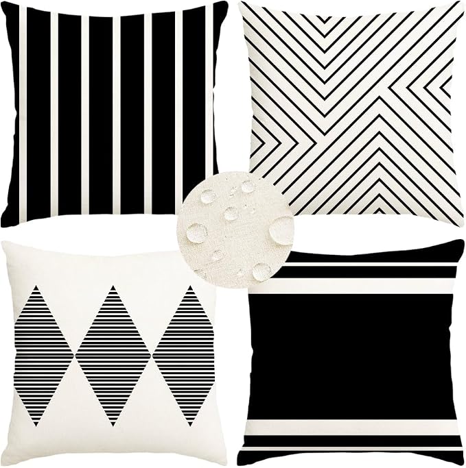 RABUSOFA Outdoor Pillows Waterproof, 16x16 inch Black and White Boho Set of 4 by RABUSOFA