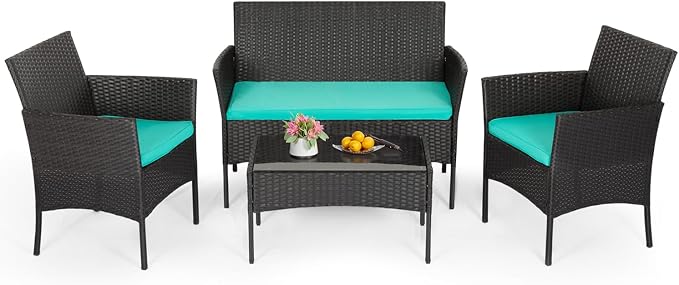 FDW | 4-Piece Patio Furniture Set | Blue | Outdoor Wicker Furniture by FDW