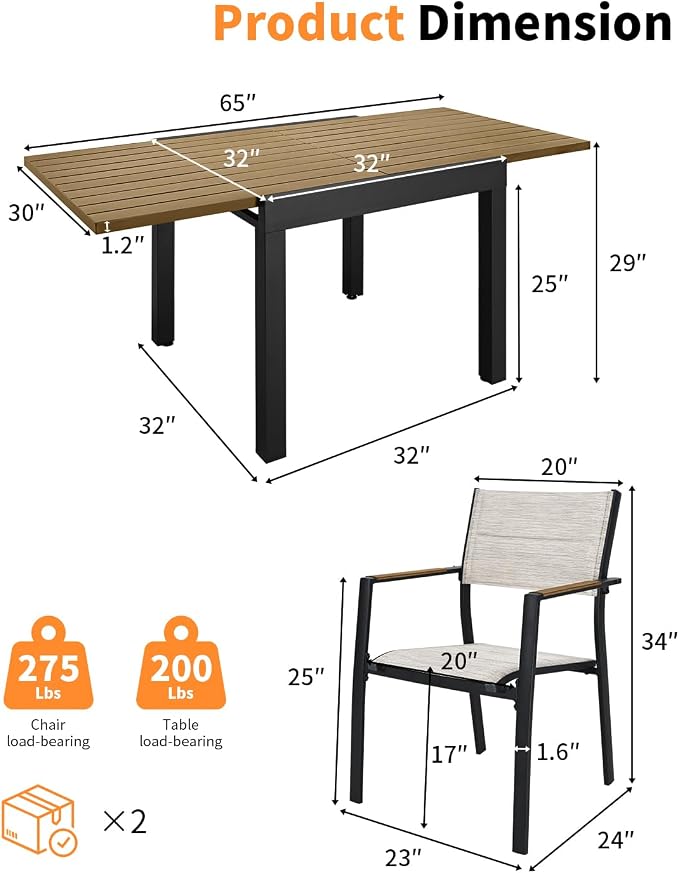 5 Pieces Expandable Patio Dining Set, Never-Rust Aluminum Outdoor Dining Table - Image 3