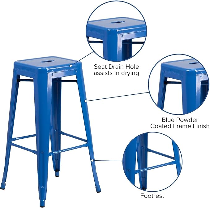 Flash Furniture Lily 4 Pack Commercial Grade 30" High Backless Blue Metal - Image 5