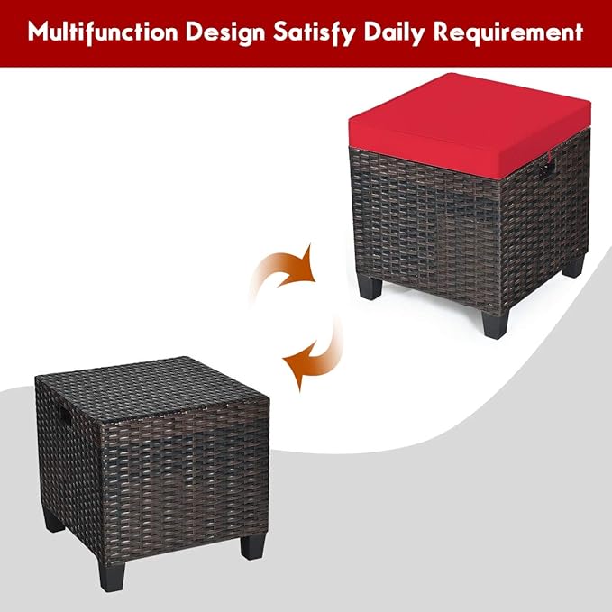 2PCS Patio Outdoor Ottomans, Rattan Wicker Ottoman Seat w/Removable Cushions - Image 5
