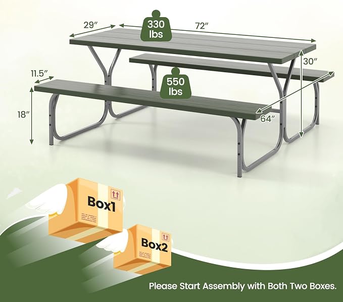 Giantex Picnic Table 6FT for 8 Person, Outdoor Table Set w/ 2 Benches, - Image 3