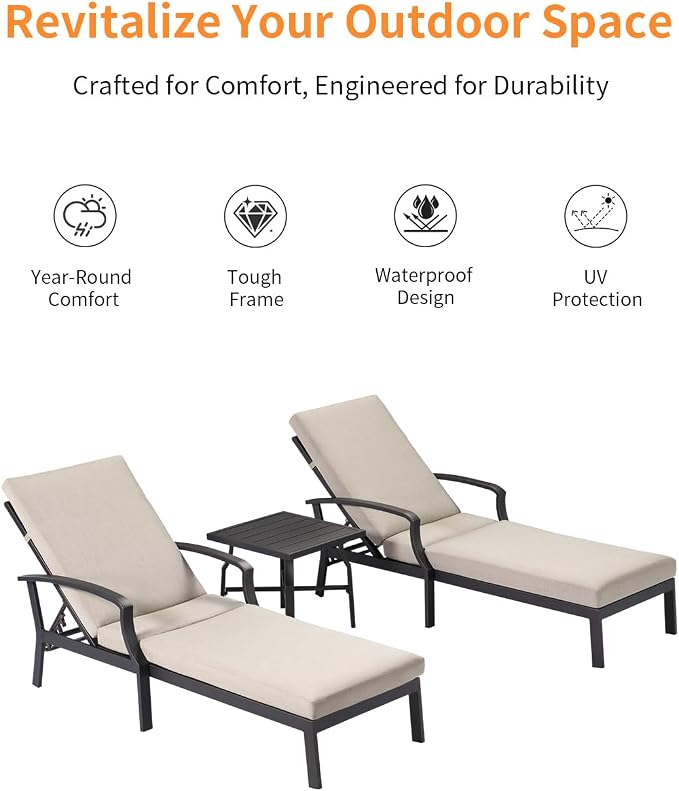 3 Pieces Outdoor Chaise Lounge Set, Aluminum Pool Lounge Chairs - Image 5