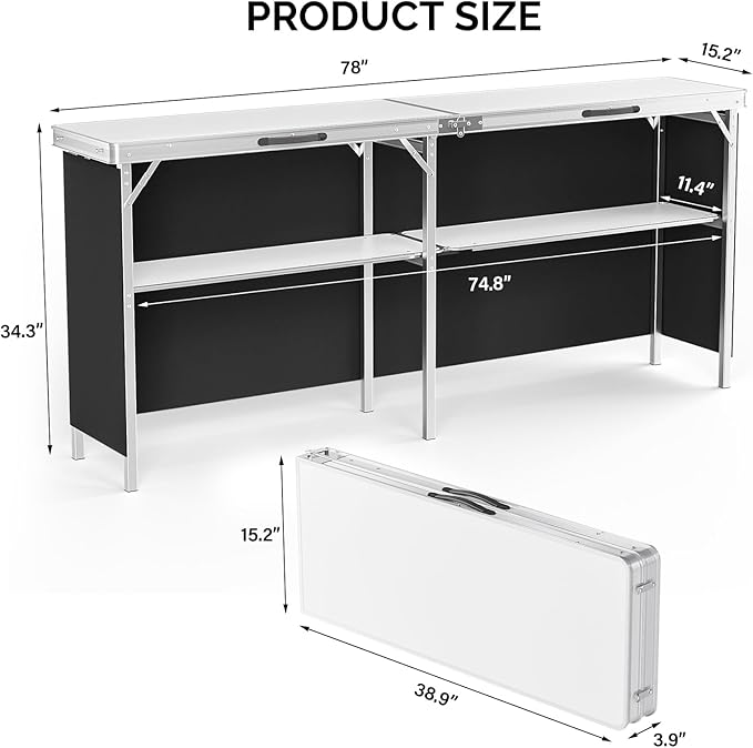 VINGLI 43" Portable Bar Table, 3-Tier Shelves, Carry Bag，Mobile Bar Table - Image 3