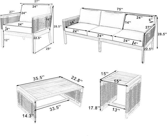 5-Piece Outdoor Acacia Wood Frame Sofa Set, Patio Hand Woven Rope Conversation - Image 2