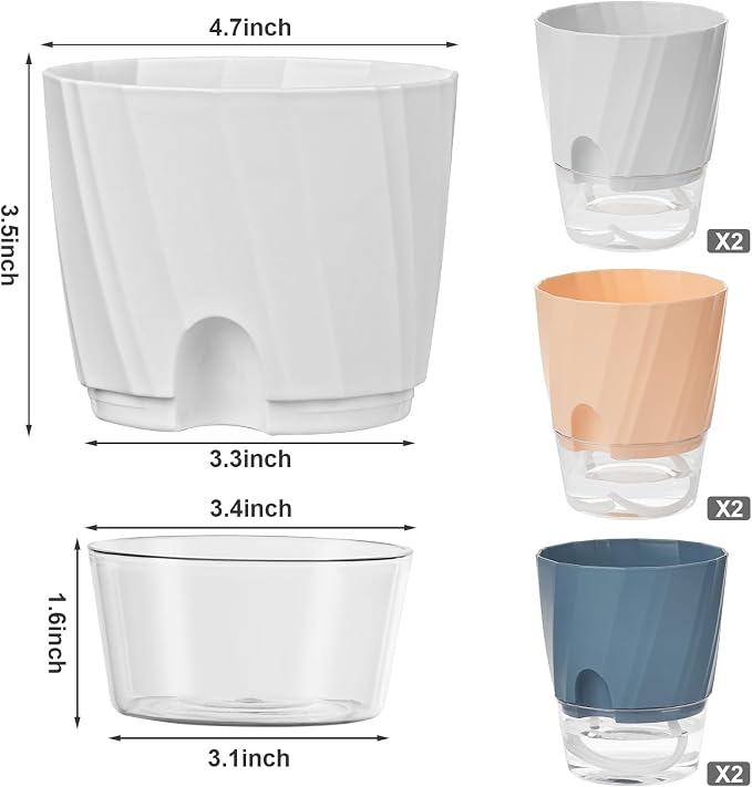 KIMCHOMERSE Self Watering Plant Pots, 4.7 Inch Plant Pots 6-Pack Indoor Planter - Image 2
