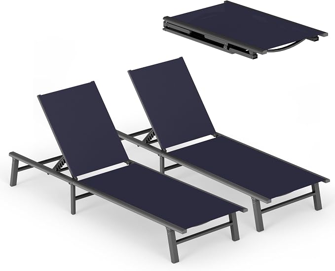 Ciokea Foldable Outdoor Lounge Chair Set of 2, No Assembly Aluminum Chaise by CIOKEA