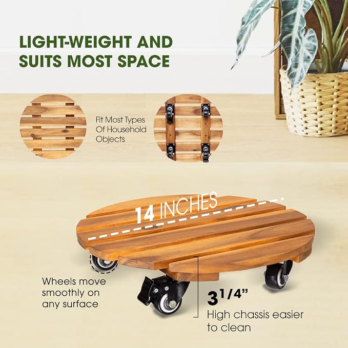 Idzo 2-Pack 14 Inch Acacia Wood Rolling Round Plant Caddy, Plant Caster - Image 6