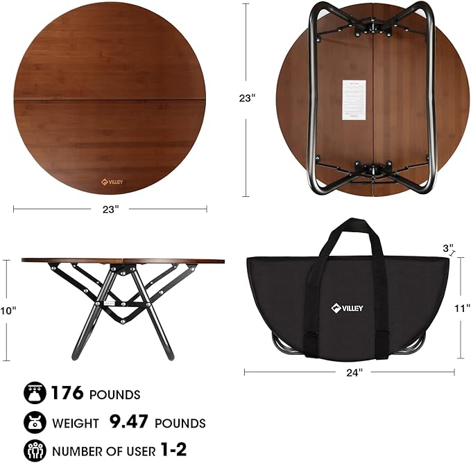 VILLEY Bamboo Round Folding Table, Camping Half-fold Portable Table - Image 3