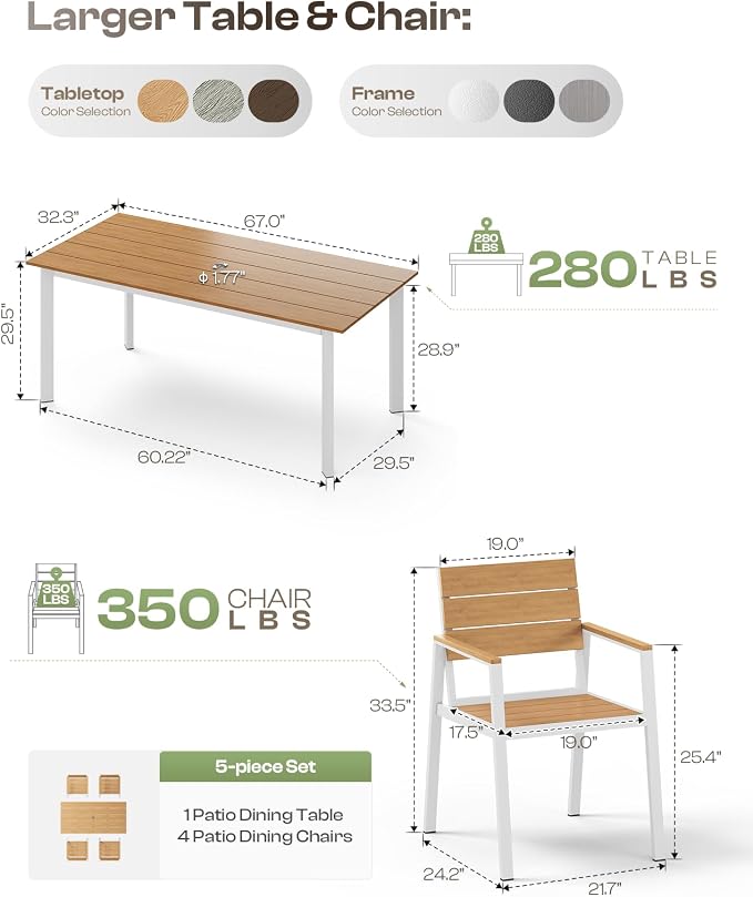 Outdoor Dining Set for 4, Aluminum Patio Table and Chairs Set - Image 6