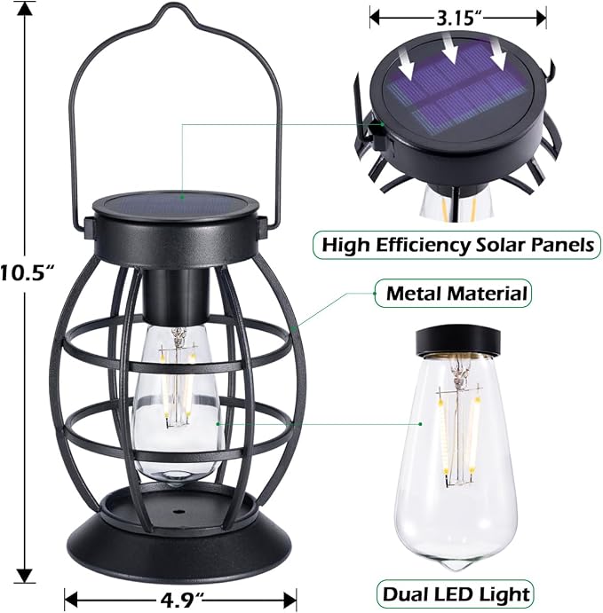 LeiDrail Solar Lantern Outdoor Hanging Waterproof Lights, Metal LED Lanterns - Image 2