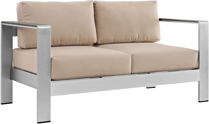 Modway Shore 4-Piece Aluminum Outdoor Patio Furniture Set in Silver Beige - Image 4