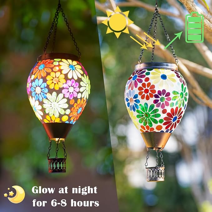 Starsoul Mosaic Flowers Hot Air Balloon Solar Lantern Glass Outdoor Hanging Hot - Image 4
