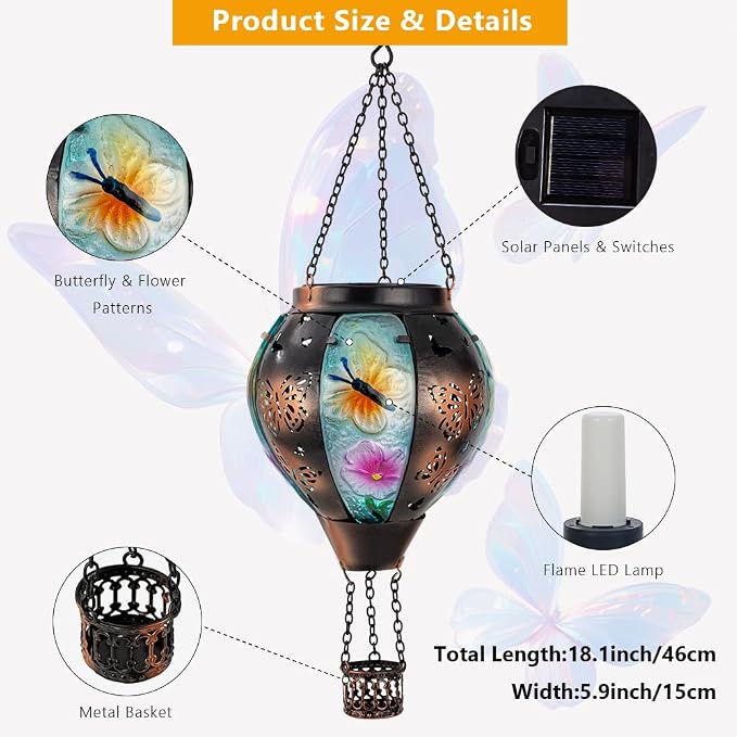 DREAMSOUL Butterfly Hot Air Balloon Solar Lantern, Glass & Metal Outdoor - Image 3