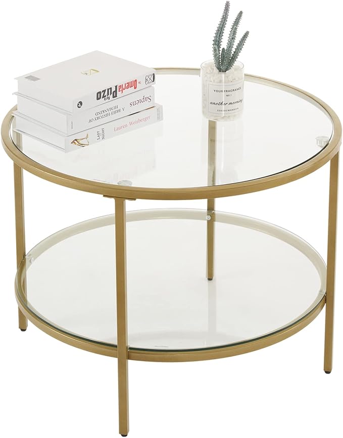 VINGLI Glass Coffee Table, 25.6" Round Champagne Gold Coffee Tables - Image 9