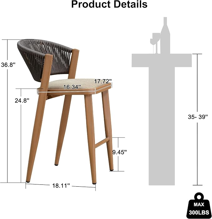 PURPLE LEAF Counter Height Bar Stool Set of 2 Outdoor Chair Woven Bar Height - Image 3