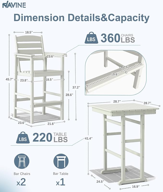 3-Piece Adirondack Bar Table and Chair Set, HDPE All-Weather Bar Height Chairs - Image 2