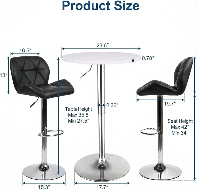 ARTETHYS Bar Table and Chairs Set of 3 White Height Adjustable Round Pub Desk - Image 2