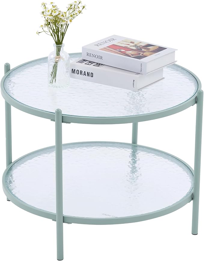 VINGLI 25.6" Small Light Bright Green Round Coffee Table Water-Wave Glass - Image 8