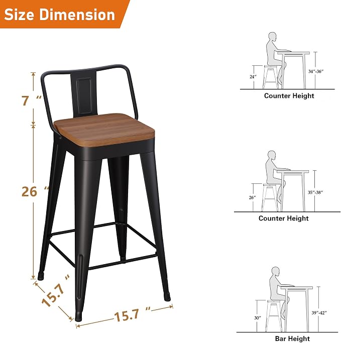 Bar Stools Set of 2 Metal Bar Stool Counter Height Bar Stools 26" Black Modern - Image 2