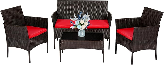 FDW | 4-Piece Patio Furniture Set | Brown & Red | Outdoor Wicker Furniture by FDW