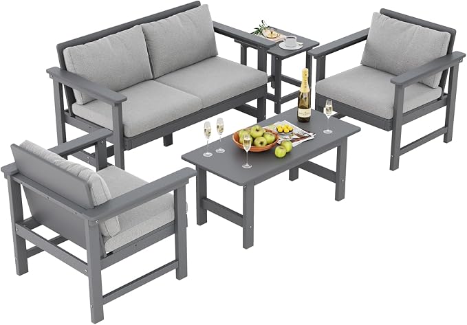 5-Piece Patio Conversation Sets, Weatherproof HDPE Sectional Furniture Set by BIVODA