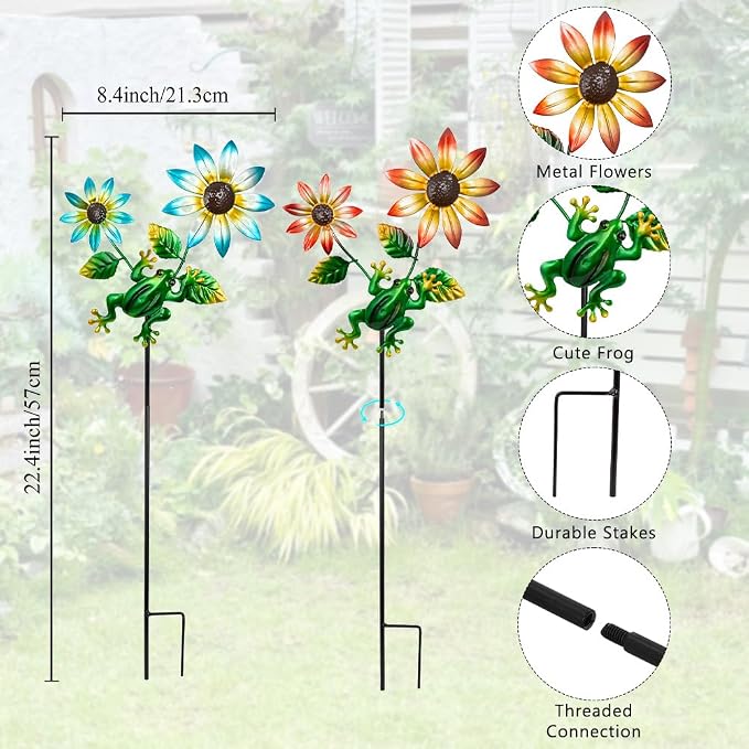 3 Pack Frog＆Flowers Garden Stakes Decor, Metal Yard Art Decorative Garden Stakes - Image 3