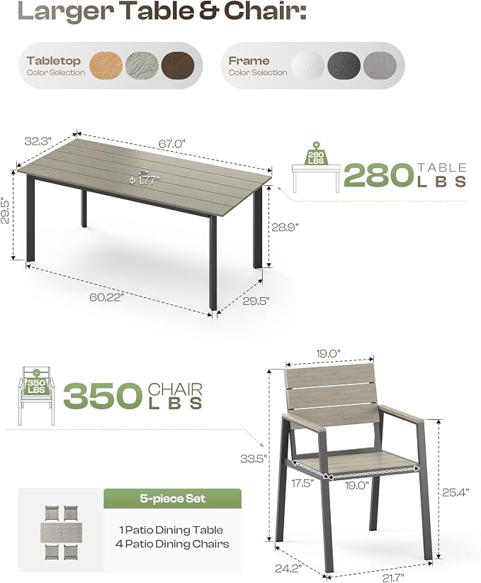 Outdoor Dining Set for 4, Aluminum Patio Table and Chairs Set - Image 6