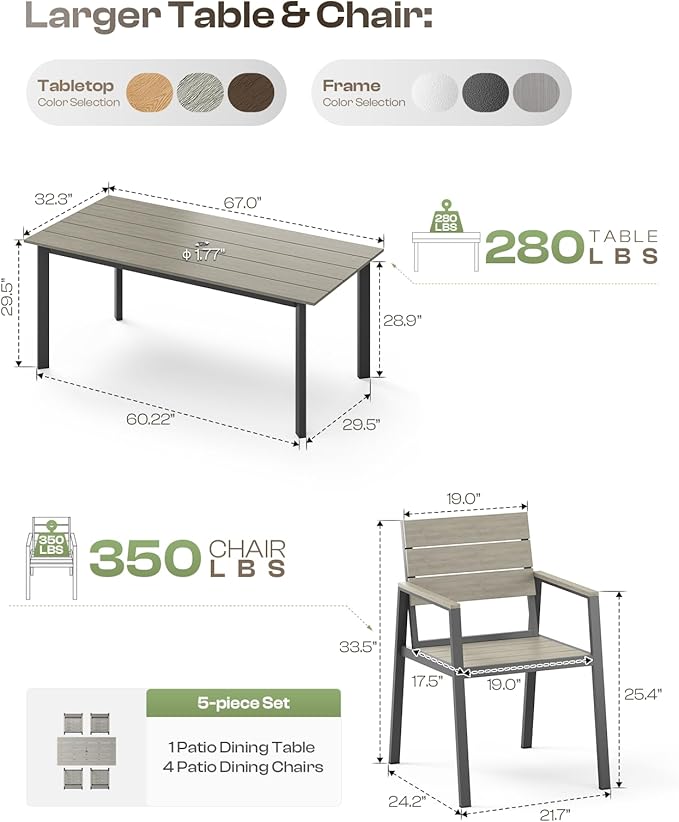 67"*32.3"*29.5" Patio Dining Table, Seamless Rectangle Aluminum + HDPS Outdoor - Image 7