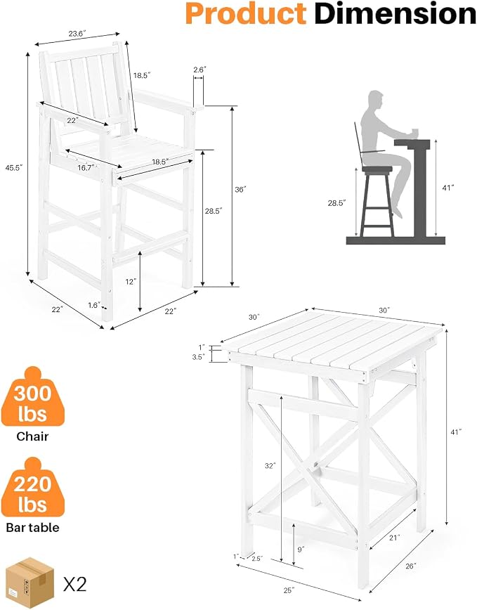 3-Piece Adirondack Chairs and Table Set, HDPE Patio Bar Sets, All Weather - Image 4