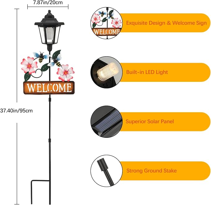Lewondr Solar Garden Lights Bee, 37.4 Inch Solar Lamp Post Light - Image 5
